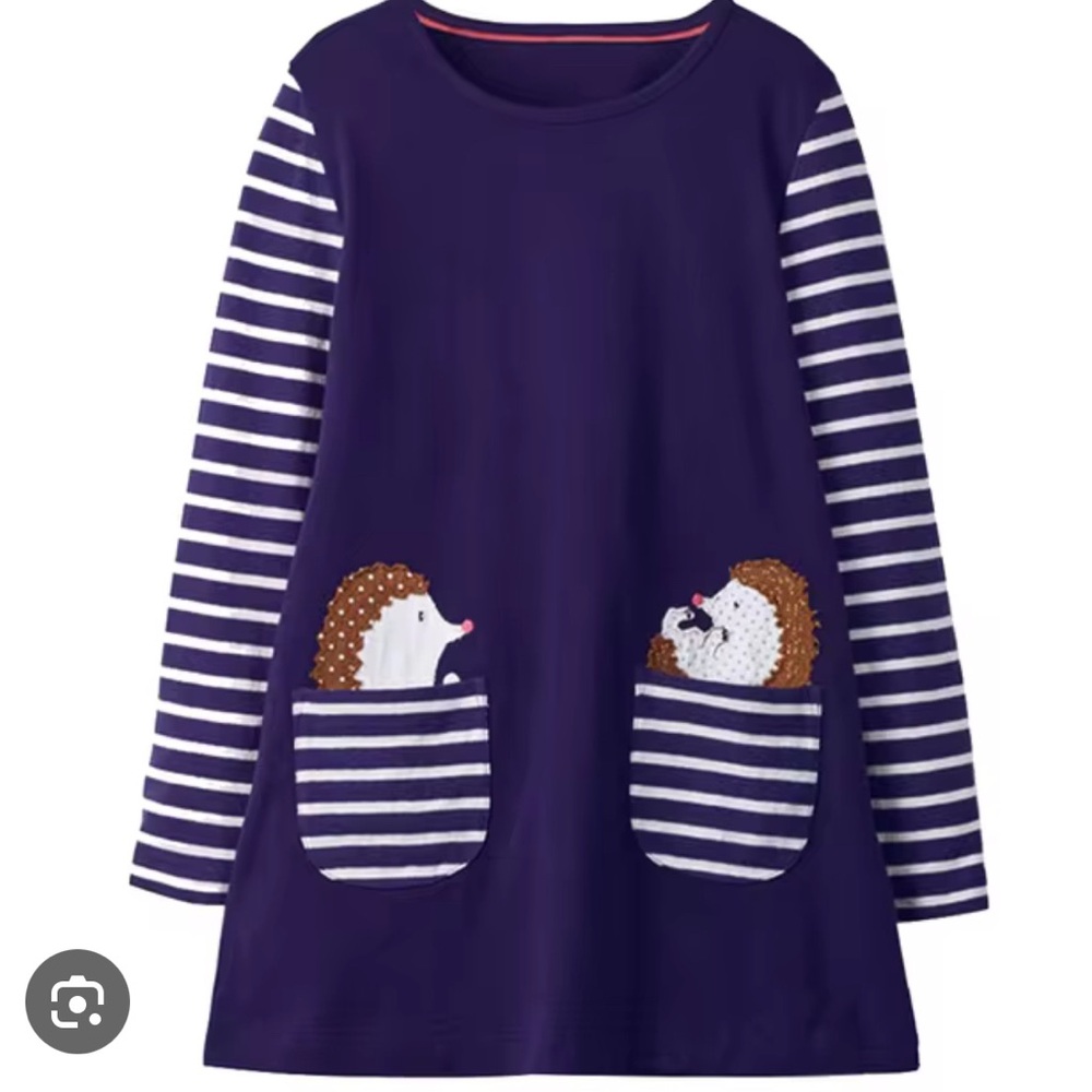 Mini Boden-Style Navy Tunic Dress with Nautical Stripes and Hedgehog Appliqué